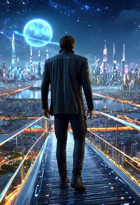 (8k unit wallpaper CG extremely detailed, masterpiece, best quality, ultra-detailed), (((solo)))), ((extremely wide shot:1.15)), a man on a bridge looking at a scifi city in the distance in the background, ((back view)), ((full body)), (high detail), (intr...