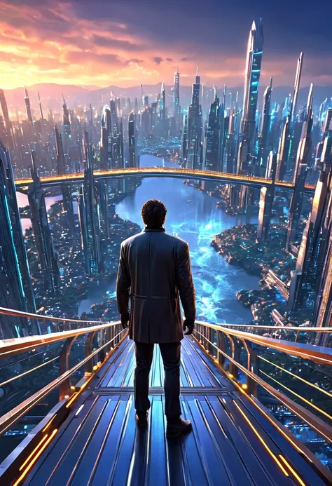 (8k unit wallpaper CG extremely detailed, masterpiece, best quality, ultra-detailed), (((solo)))), ((extremely wide shot:1.15)), a man on a bridge looking at a scifi city in the distance in the background, ((back view)), ((full body)), (high detail), (intr...