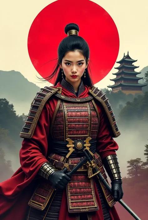 Imagine Fujianti Utami Putri as a female samurai warrior, her face closely resembling her real-life features, wearing ornate traditional Japanese armor with detailed patterns. Her expression should be fierce yet graceful, showing both strength and elegance...