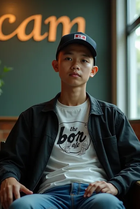 a 21 year old bald-headed Indonesian youth. wearing a baseball cap, wearing a t-shirt that says The Bon. jacket.jeans.is sitting on a chair in a cool room and on the wall it says "Bon Caffe". Photo realistic