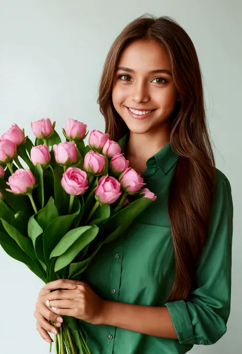 Cute girl, brown hair, green eyes, brown skin, skinny,  , green shirt, Long hair, lovely smile , hold a bouquet of pink flowers 