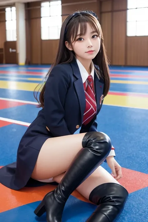 Beautiful Japanese girl wearing knee-high boots。Idol style uniform。Sitting in the school gym。