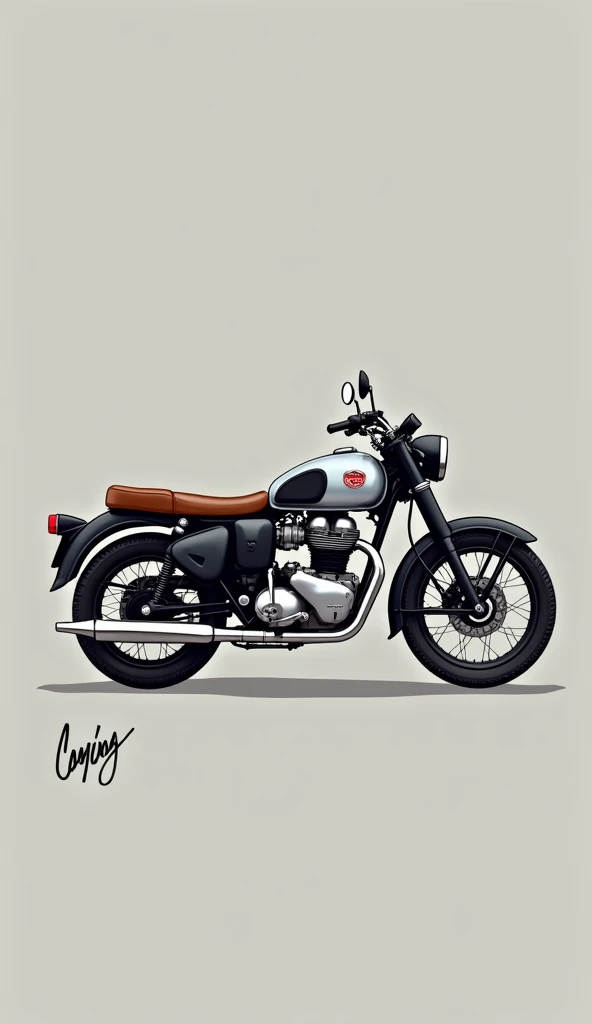 Image is a digital illustration featuring a vintage-style motorcycle against a solid grey background. The motorcycle is depicted in a side profile, showcasing its classic design with a brown leather seat, a metallic fuel tank, and prominent black tires. Th...