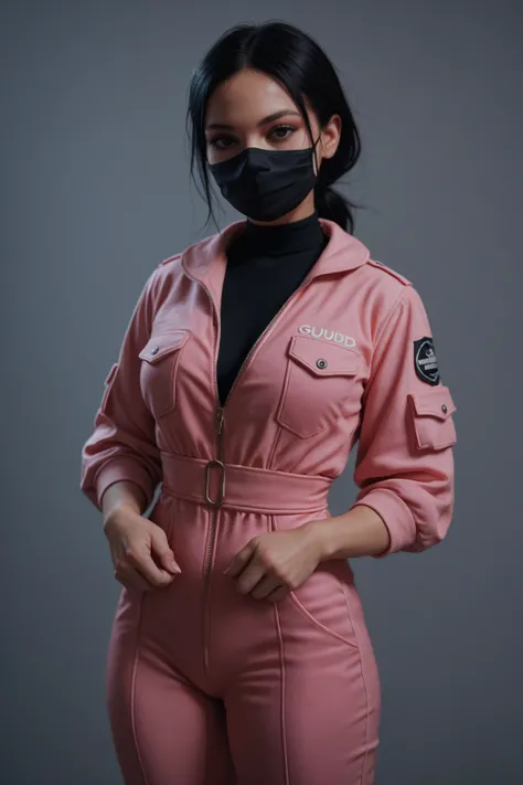 female busty squid game guard, pink jumpsuit, black face mask