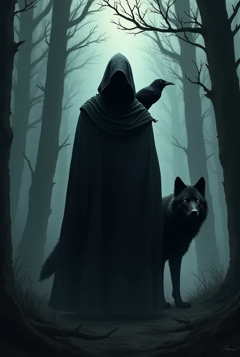 The man was wearing a black hood. Behind him was a dark forest. Next to it was a wolf standing, and a crow perched on his shoulder.