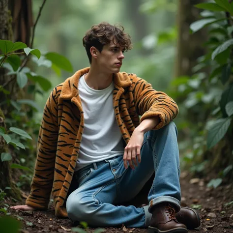 """the camera sits slightly off the side """  Young guy sitting sideways ( short haired , with strong features )  in the middle of the jungle - the camera from the side takes pictures of a guy , "in a tiger coat "  - a white T-shirt and wide jeans  ,  - fr...