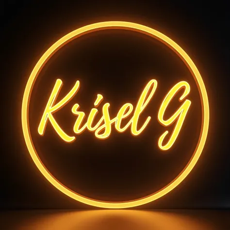 3D logo of words KRISEL G HAIR AND BEAUTY SALON in neon light gold color written circullar shaped, realistic, front view.