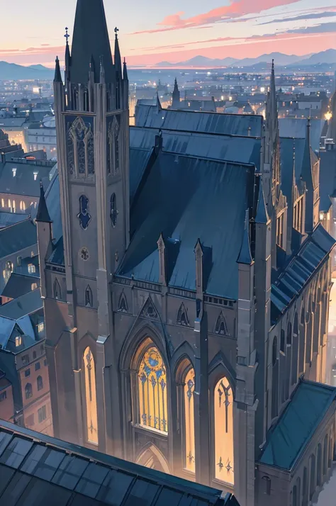 night　 Aerial view of the exterior of the cathedral from a distance 　Single road leading to the cathedral 　Girl&#39;s back view　 The background is a modern concrete skyscraper 　 Middle Eastern and Gothic style white color floral motif spire octagonal　 sole...