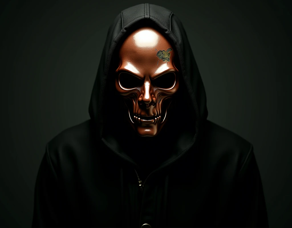 A mysterious serial killer who appears out of nowhere and wears a full-face mask with no eyes, nose or mouth, made from polished copper plate with verdigris visible, polished to a mirror finish, under his hood.