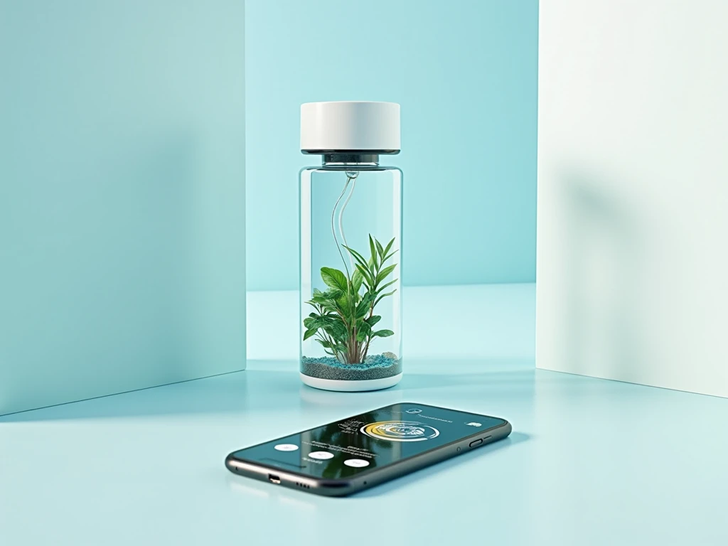 A clean graphic showing the EcoSphere bottle syncing with a smartphone, hydration reminders, and tracking. (Animation)