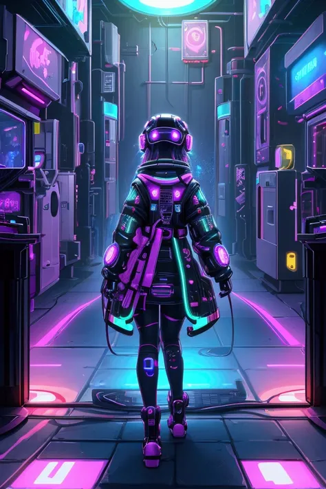 A time-traveling anime girl gamer, clad in cyberpunk-inspired futuristic attire with glowing circuits resembling pixel art, steps into a swirling neon vortex of time, surrounded by a dynamic spiral of arcade machines from different eras—each representing d...