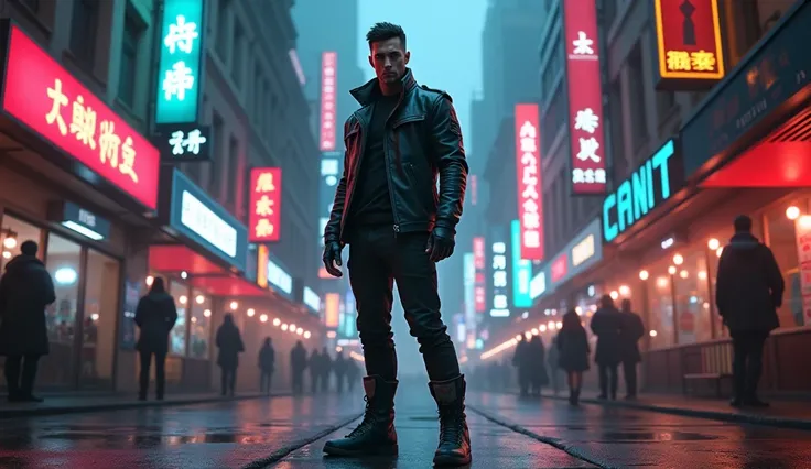 A handsome man ，Standing in the block，Cyberpunk front-facing boots at night, neon lights, contrasting colors