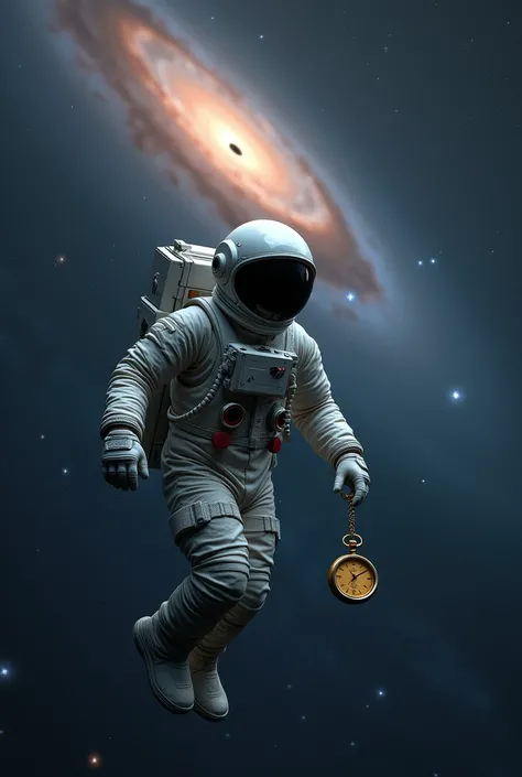  A lone astronaut in a futuristic spacesuit ,  floating amidst a vastness of stars .  He holds a broken pocket watch ,  with the background showing a distant galaxy . The black hole is visible as a dark and distant dot, surrounded by a faint luminous areol...