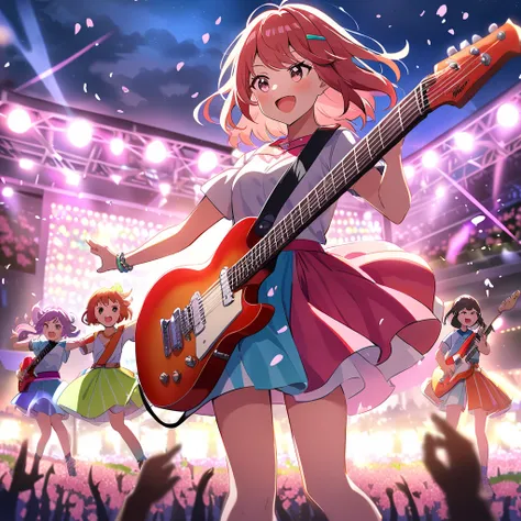 high school girls band, outdoor concert stage, sunset, lead guitarist with red electric guitar, bassist and drummer in colorful casual outfits, dynamic and energetic atmosphere, cherry blossoms falling, glowing stage lights, cheering audience, anime-style,...