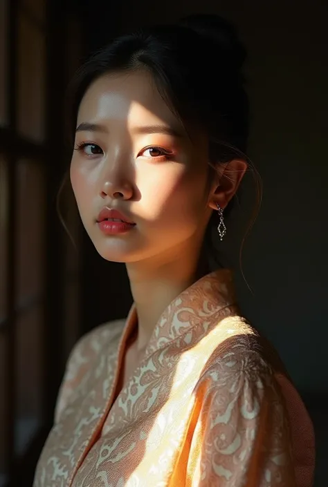 The light and shadows are perfectly matched. A young woman in a Thai dress with Korean-style makeup has a beautiful and charming face that is worth exploring. The location is an ancient Thai wooden house, adding to its uniqueness.