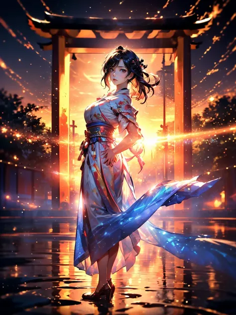 ((masterpiece:1.2)), (( top quality :1.2)), The sun rises above the horizon, (A woman stands in the morning light in front of the torii gate of a shrine:1.5),  long hair that flutters in the wind , (Turn around with a smile:1.5), Bathed in light, (whole bo...