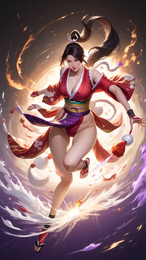 score_9,score_8_up,score_7_up,high res image,masterpiece,best quality,realistic,Mai Shiranui,(plump:1.7),(black pupil:1.2),(brown black hair:1.3),(High ponytail:1.3),(kimono:1.4),(purple clothes:1.4),(spinning:1.4),(flambe:1.4),