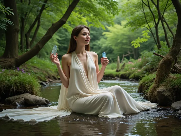 Amidst the clear stream in the lush woods,
A maiden sits gracefully, adorned in elegant attire.
Her silken fabric draped delicately,
A beauty profound, as if bestowed by the heavens.

She holds a crystal in her gentle hand,
Reflecting light like stars in t...