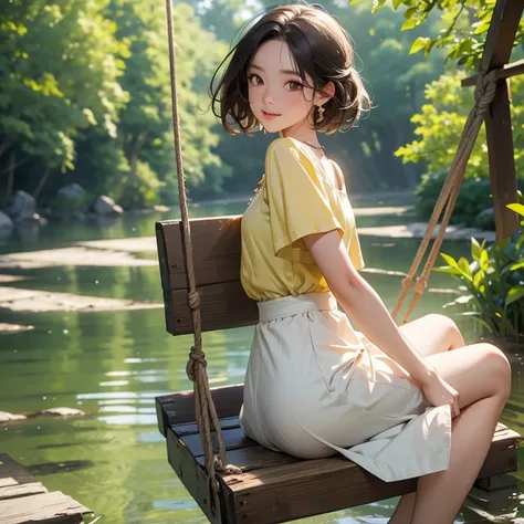 Professional 4K photos are beautifully smooth, with smooth colors that are pleasing to the eye
A young Thai woman She has small breasts with a joyful expression, wearing a colorful, blouse top and skirt, sits on a swing set outdoors.  The skirt is a simila...