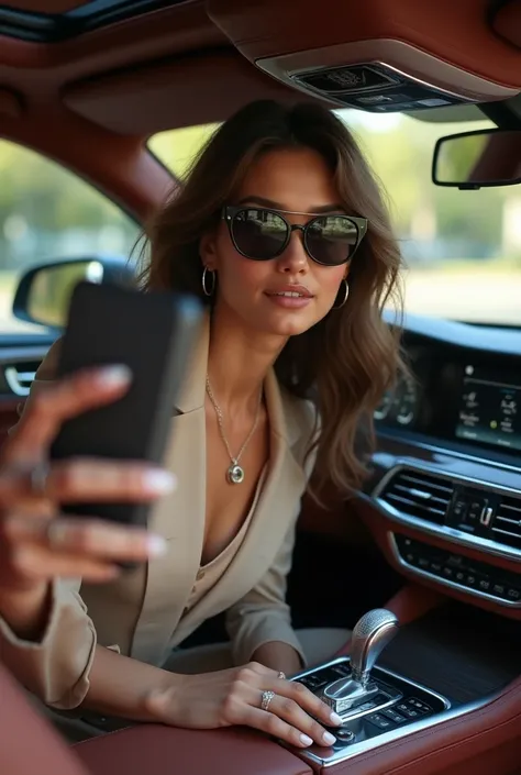 Woman with brown hair taking a selfie in luxury car 