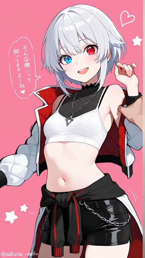 1girl, short hair, silver hair, solo focus, 4K, ulutra detailed ,masterpiece,highest quality,beautiful detailed eyes,Small breasts,(Heterochromia iridis),(left eye,Red eyes),(right eye,blue eyes),
Clothing Description:

Top: Wearing a white crop top with b...