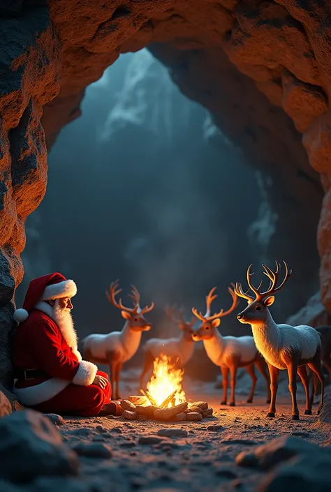  hyperreal、photograph、 Inside the Cave、 reindeer gathering at the campfire、 Inside the Caveで休むトナカイ、 Santa Claus before the fire 