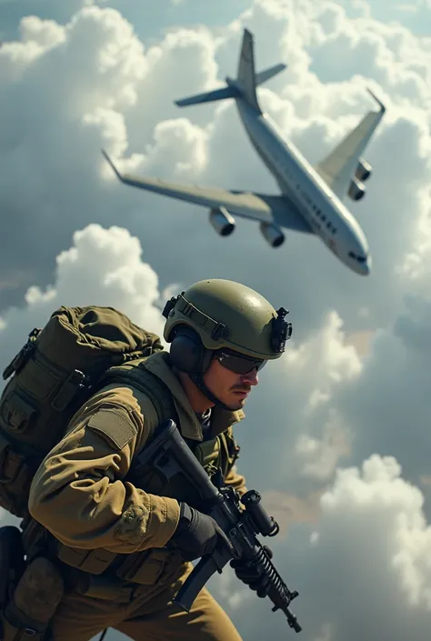 Dozens of Israeli soldiers in full modern combat uniforms,Modern combat helmet typical of Israeli soldiers,M16 Weapon,Jumping from a typical army plane to transport paratroopers,The background of the sky and white clouds is typical of the Palestinian war z...