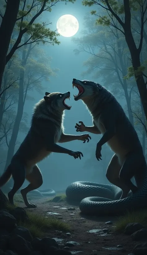 A fierce wolf and a massive anaconda facing each other in an aggressive standoff, both in an angry and defensive posture. The wolf is snarling with its teeth bared, its fur bristling, while the anaconda is coiled tightly, its mouth open and fangs exposed, ...