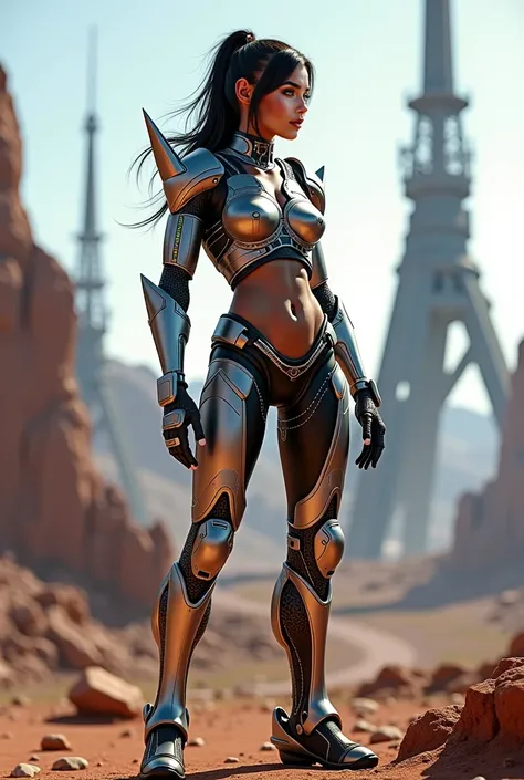 Describe a stunning woman cyborg inspired by Zero Dawn, detailing her biomechanical features and the fusion of organic and robotic elements that enhance her abilities to navigate a post-apocalyptic world.