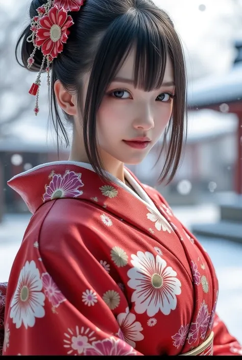 It depicts a beautiful Japanese woman in a kimono、 shiny leather,  big breasts :0.5, searching for, Seeing the view, Beautiful hair,  beautiful face,  beautiful and detailed eyes , ( medium hair:1.5, Japanese hair:1.5),  black hair , Blue eyes, (((red flor...