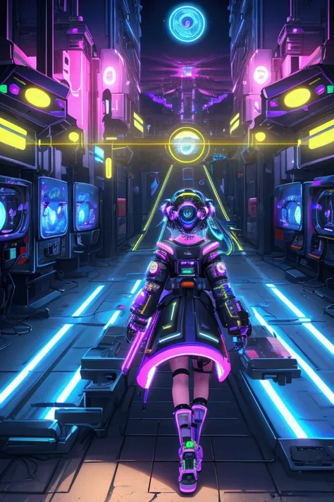 A time-traveling anime girl gamer, clad in cyberpunk-inspired futuristic attire with glowing circuits resembling pixel art, steps into a swirling neon vortex of time, surrounded by a dynamic spiral of arcade machines from different eras—each representing d...