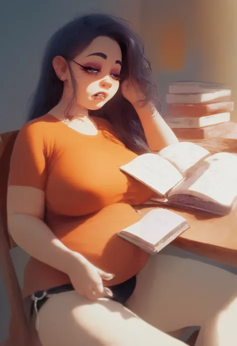 (One plump girl) (One high school girl) red cheeks, messy hair in face, unique forehead, large nose, dark eyebrows,  bags under eyes (g4n1m3)  (reading a book in a library) (stretched clothes), ) (concentration), (wearing an undersized tight orange t shirt...