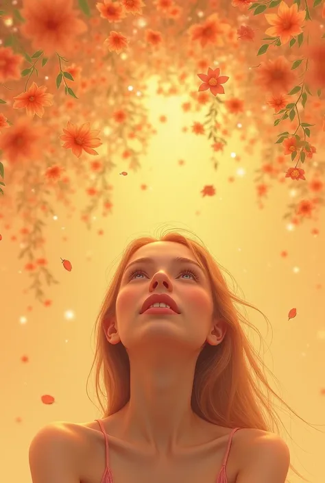  person who dreams with their eyes closed , happy ,  with their face turned to the orange sky, While flowers fall from the sky  