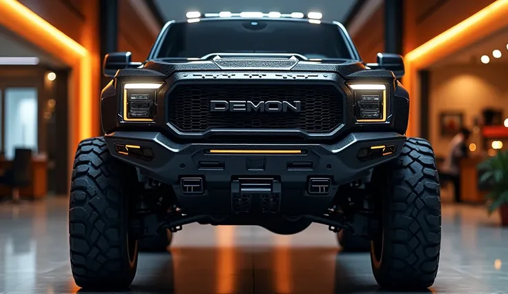 A highly detailed, futuristic truck viewed from the front, showcasing a bold, aggressive grille with integrated LED headlights. The word DEMON is subtly displayed on the hood, adding a powerful branding element. The truck features a glossy black finish, a ...