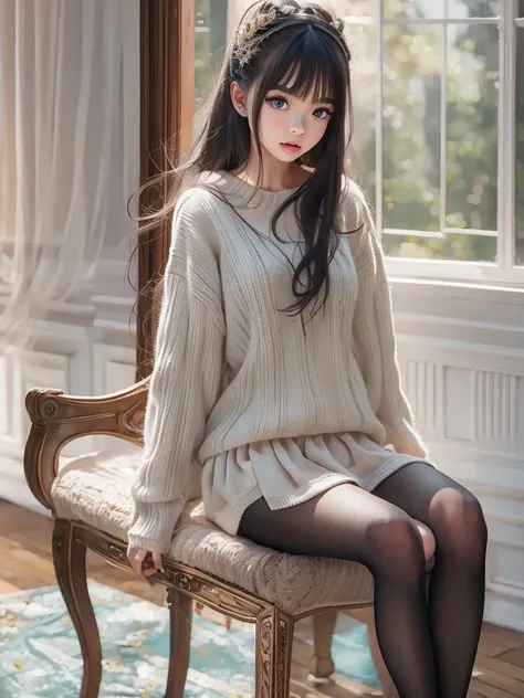 Hyper-realistic,photorealistic,a beautiful young girl, 15歳、detailed face, 厚い唇、つやつやした唇,口を少し開く、long black hair, オフショルダーwhite sweater mini dress, black tights,black heels, super high definition painting