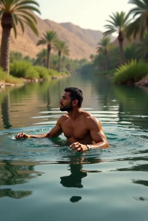 An Arab men swimming in the river