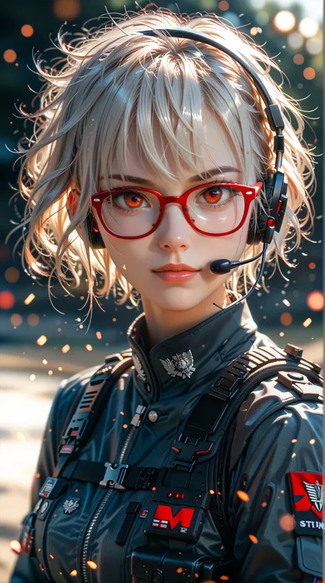 masterpiece ,  a girl, on the battlefield, ( Light white short hair :1.2), (red eyes:1.2), (black agent uniform:1.2), ( Pay attention to the viewer:1.2) , (【8k, Best Quality 1 .2),  super detailed , 【8K Ultra HD, soft light,  High Quality , film grain,  be...