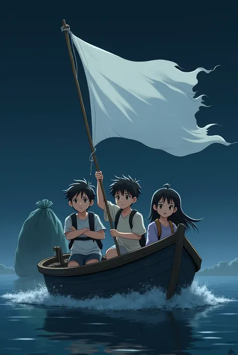 a team of teenage boys and girls around 4 in a boat at night holding a white flag with nothing on it with a garbage bag behind them  