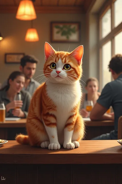 Hyperrealistic drawing of a cozy, bustling restaurant with a small, affectionate cat sitting on the counter. The cat has a wise and knowing expression, hinting at its past life as the restaurant’s owner. The background shows customers enjoying their meals,...