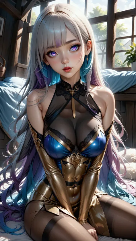 (masterpiece, aesthetic, detailed eyes, realistic), 1girl, mahiru shiina, Long smooth straight grey hair, inner blue to purple gradient hair, blue to purple gradient eyes, large bust, large hips, slim waist, laying down in pantyhose legs spread showing her...