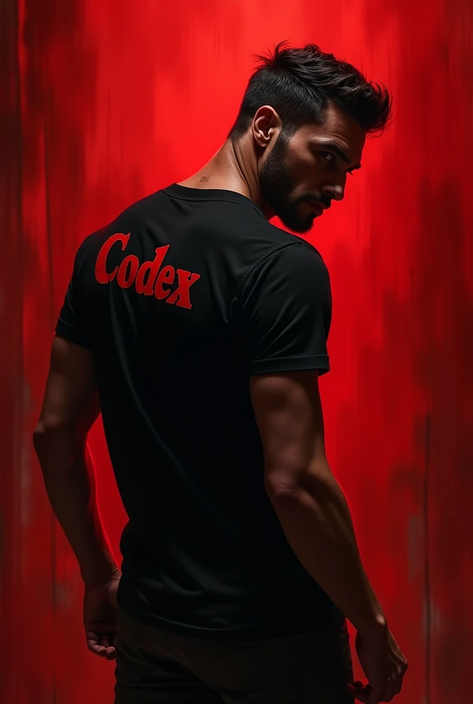 a men turning backward and wearing a black tshirt on the tshirt write codex .  blood background