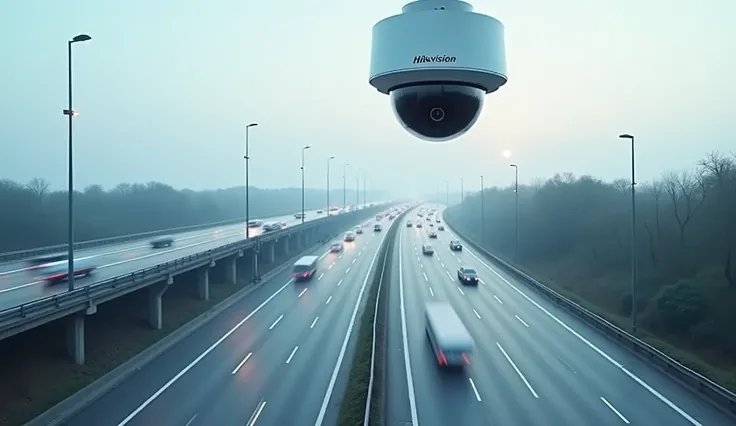 highway and camera above the road lanes and HIKVISION camera inscription