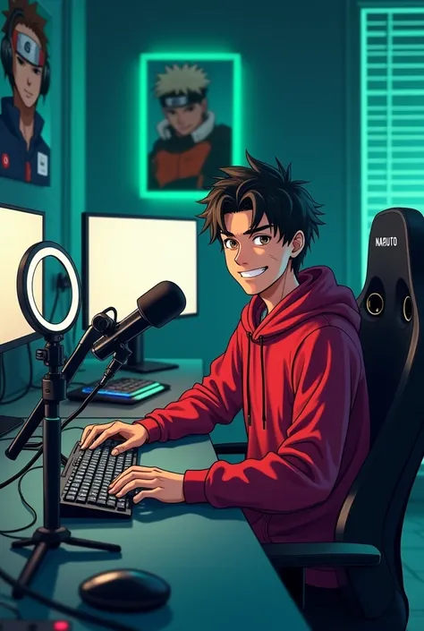 "Create a detailed anime-style illustration of a mature-looking young man with a confident smile, sitting in his futuristic YouTube studio. He is wearing a red hoodie, surrounded by high-tech gadgets like multiple screens, a glowing keyboard, and a ring li...