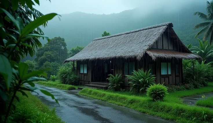 a simple house in Indonesia, heavy rain, lots of water coming down from Genting, cloudy atmosphere, shooting near Genting, UHd, very clear