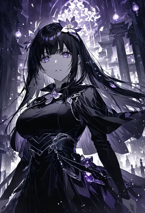 Anime Style,The whole screen is dark ,Monochrome World. upper body, cowboy shots, Black Hair,Long Hair,  Wear a Black Cloak ,  Purple Eyes Shining in the Dark  ,Sparkling Eyes,Sparkling Eyesのハイライト,In Purple and Darkness  , Black Dress Outfit that Highlight...