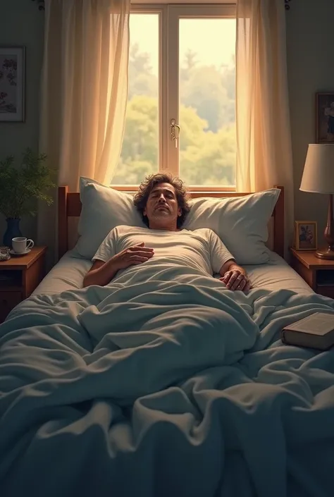 A man waking up from sleep at the bed