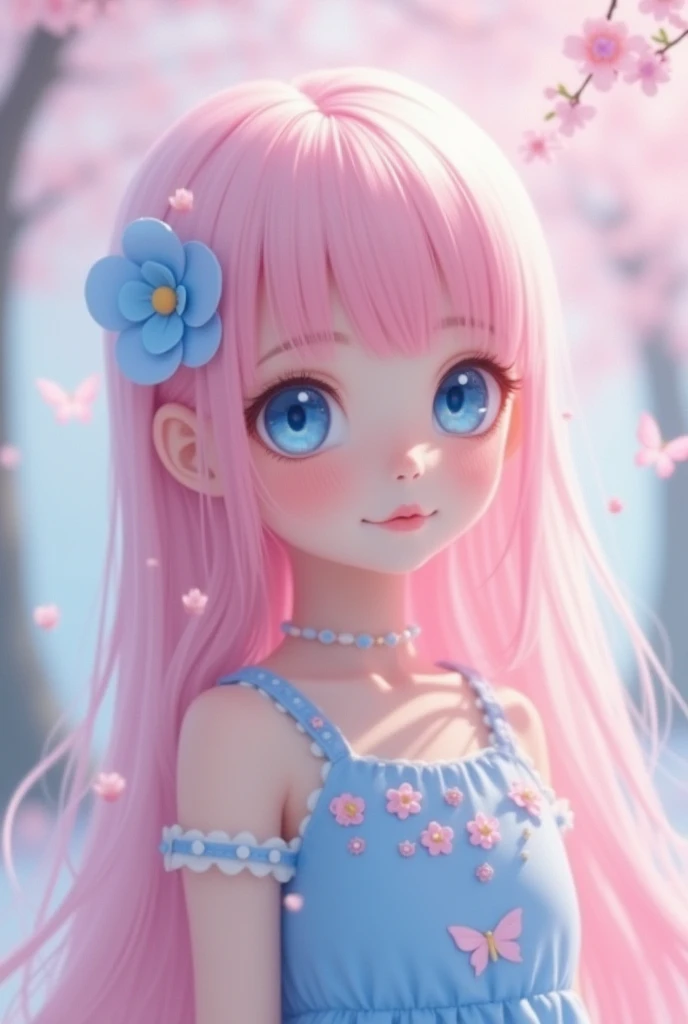 The image shows a girl with long pink hair,  decorated with a blue flower on the side .  Her large expressive blue eyes give the image innocence and charm .  She is dressed in delicate blue dress with decorative elements in the form of small flowers,  whic...