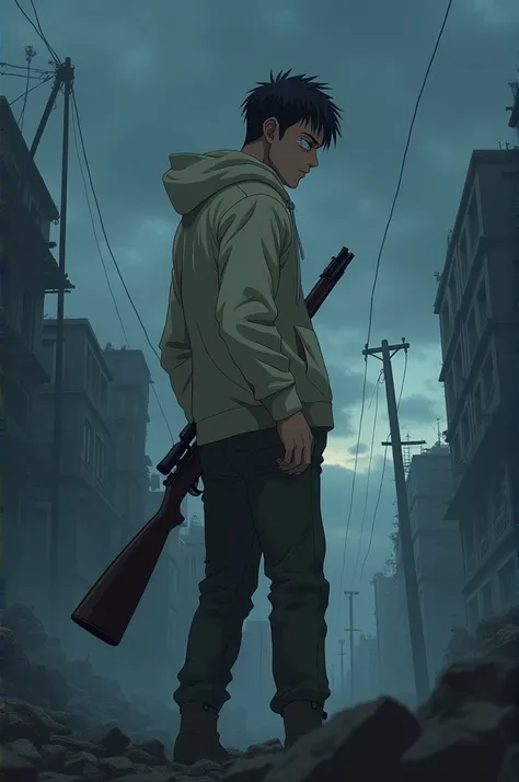 A man in a cream hoodie, a bandage over his left blind eye, and a rifle slung over his shoulder, standing sideways and looking at something from afar, anime art style, night theme, ruined buildings, apocalypse, cloudy atmosphere.