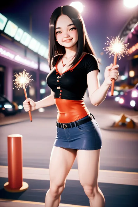 pretty young  woman, standing posed, holding sparklers, at night, BREAK, {+forehead, long hair, black hair}, BREAK, mixed between orange camisole and black short sleeves t-shirt, dark grayish-blue denim pencil mini skirt, BREAK, (1girl, solo, full body, lo...