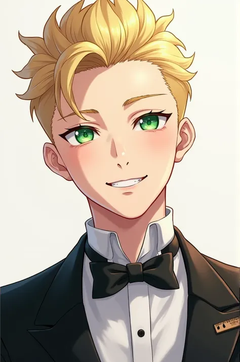 Anime boy, white skin, blonde undercut hair, green eyes, wearing suit, smiling. 